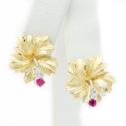 Picture of 14k Yellow Gold Ruby & Diamond Hibiscus Flower Stud Earrings