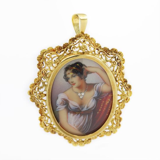 Picture of Italian 18k Gold & Diamond Hand Painted Cameo Brooch/Pendant