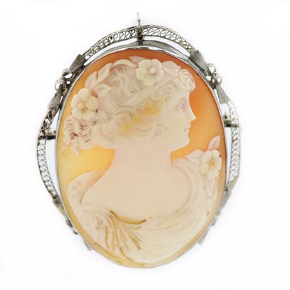 Picture of Vintage 14k White Gold Art Deco Carved Shell Cameo Brooch/Pendant